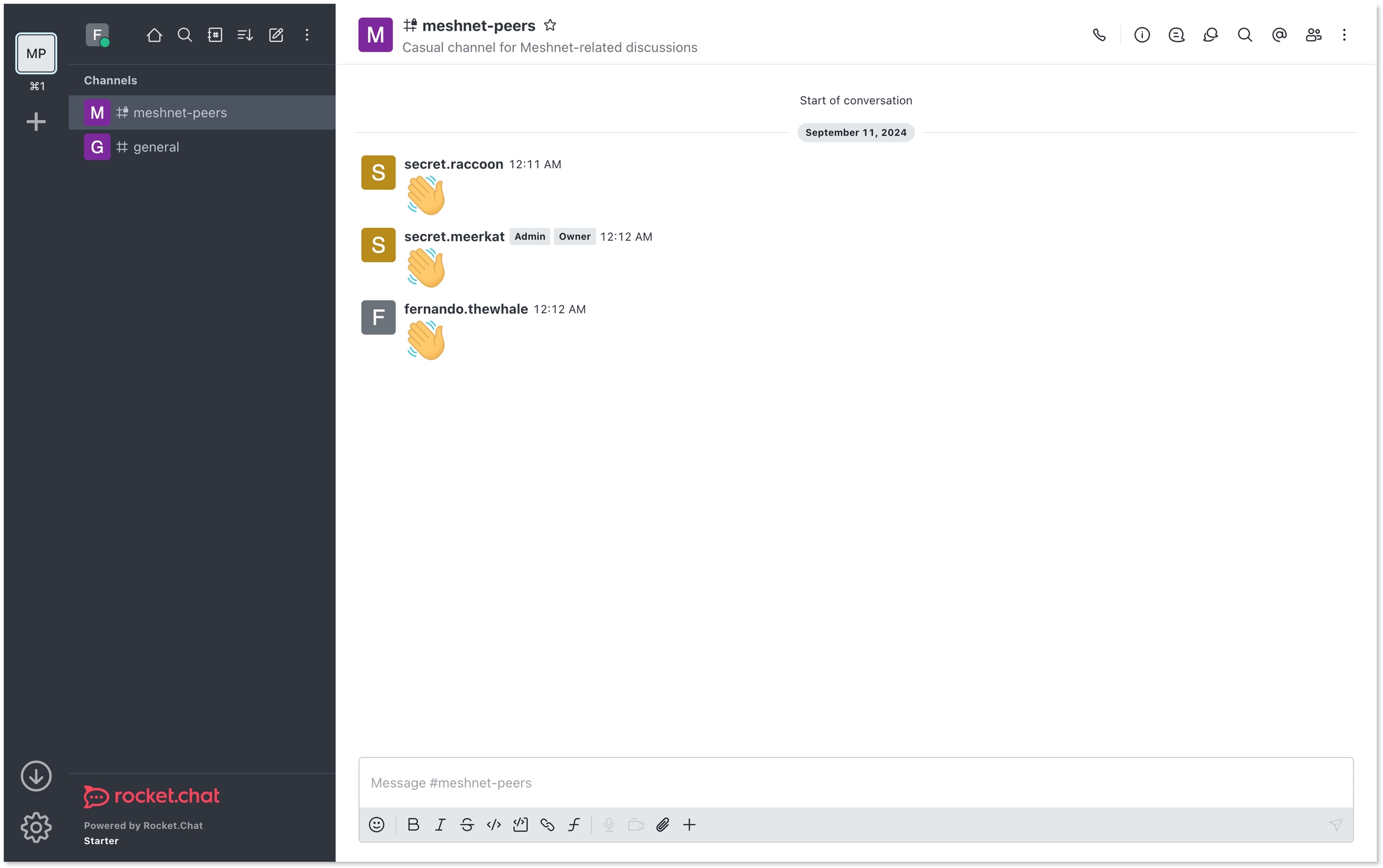 Rocket.Chat 客户端应用中打开的频道。